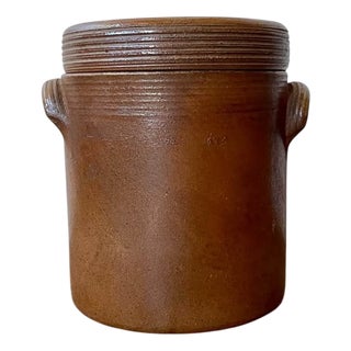 Antiqu French Salt Glazed Lidded Storage Canister with Twin Handle and Ribbed Decoration, 1800s For Sale