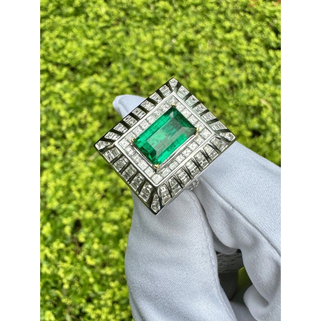 Metal 5.17 Carat Colombian Emerald & Baguette Diamond Rectangle Art Deco Frame Ring Size 6 For Sale - Image 7 of 10