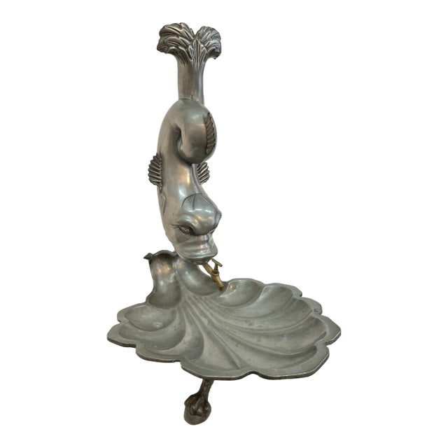 Antique Wall Mount Pewter French Lavabo Fish Dolphin With Footed Shell Basin For Sale