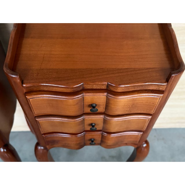 Pair of French Walnut Narrow Bedside Tables With Three Drawers For Sale - Image 10 of 17