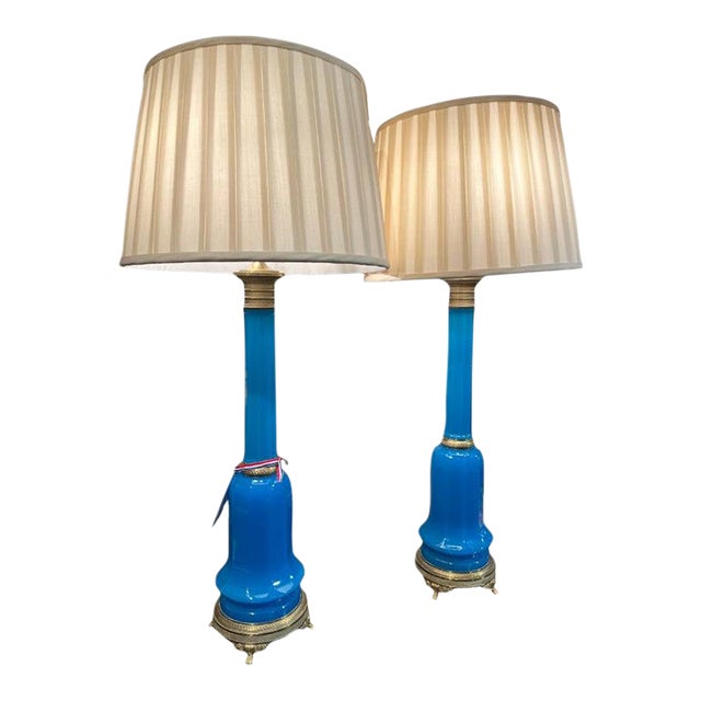 19th Century Pair French Blue Opaline Glass Lamps For Sale