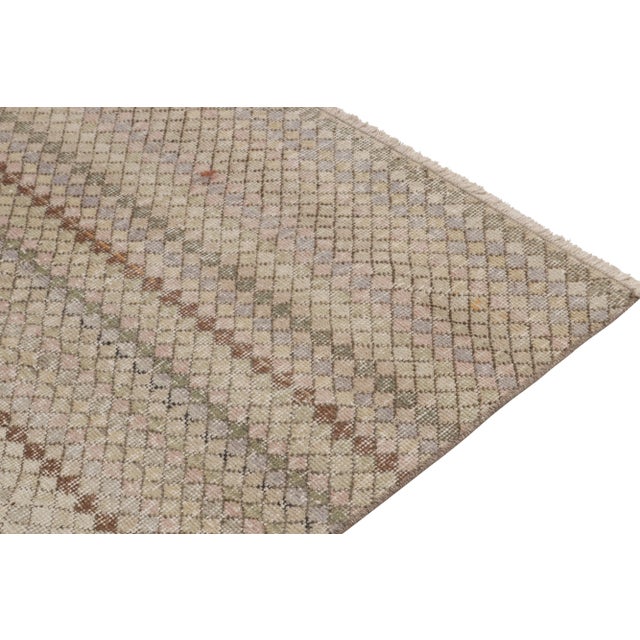 1960s Vintage Distressed Deco Rug in Beige-Brown, Pink and Green Geometric Pattern For Sale - Image 5 of 6