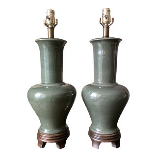 Vintage Frederick Cooper Hunter Green Porcelain Table Lamps on Wood Bases - a Pair For Sale