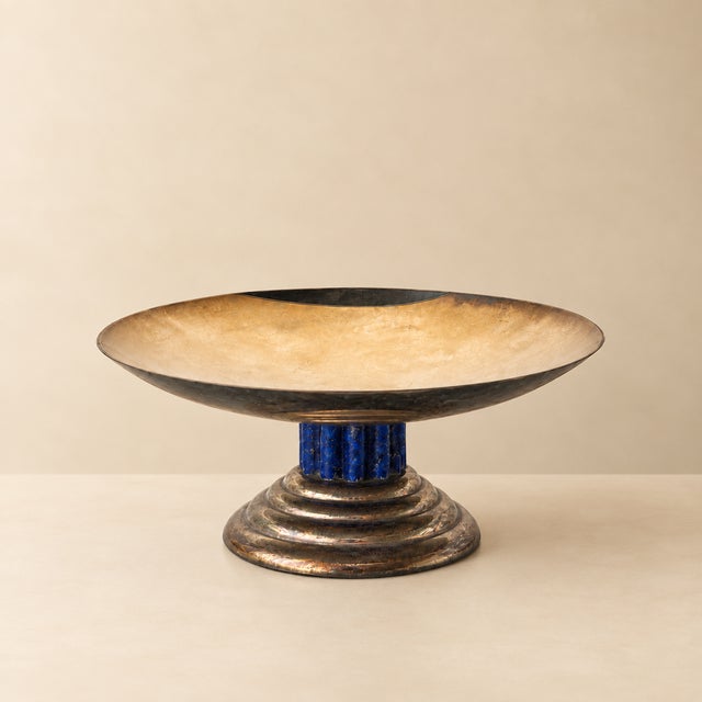 PUIFORCAT FRANCE Silver-plated metal bowl on a pedestal base, The stem is made of fluted lapis lazuli, the base is...