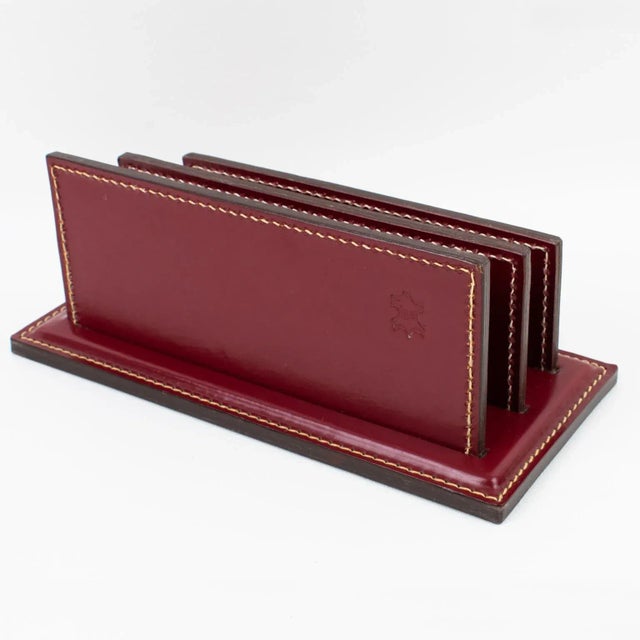 Art Deco Hand-Stitched Red Leather Desk Office Set Letter and Pen Holders For Sale - Image 9 of 13