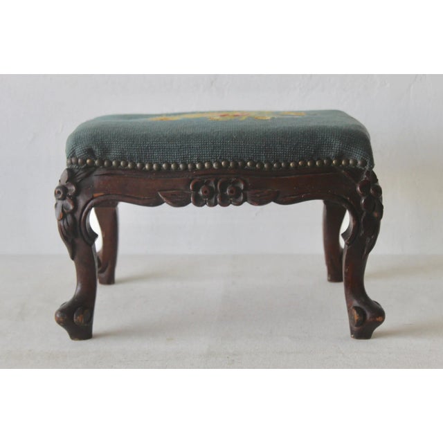 Vintage French Country Louis XV Style Carved Wood Needlepoint Footstool Ottoman Nailhead Detail For Sale In Miami - Image 6 of 12