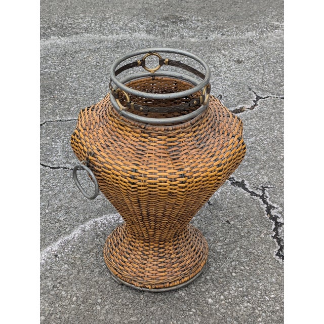 Vintage Woven Rattan Floor Vase With Metal Accent For Sale In Washington DC - Image 6 of 6