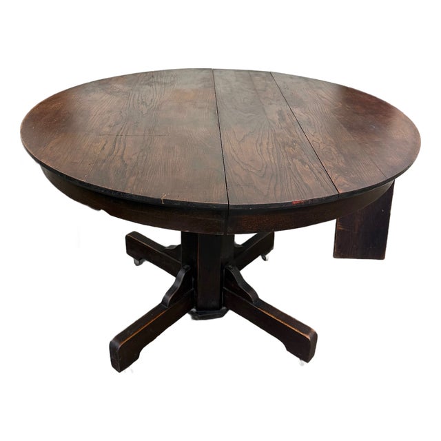 Antique Arts & Crafts Mission Quarter Sawn Oak Pedestal Dining Table For Sale