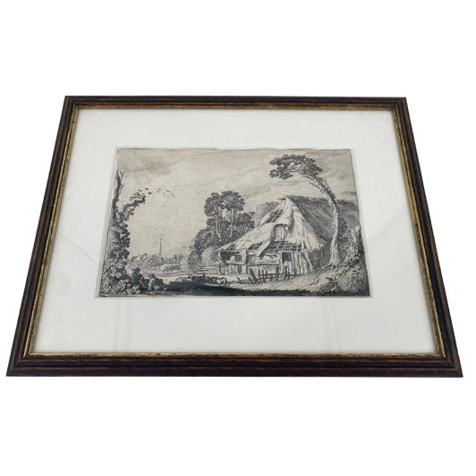 Jan Va De Velde, Genre Scene of a Landscape with a Hut, Netherlands, 1616, Paper, Framed For Sale