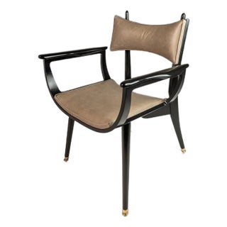 Mid-Century Modern Architectural Ebonized Armchair in Maple, Leather & Brass Attributed to Harold Schwartz for Romweber, Usa, 1960s For Sale
