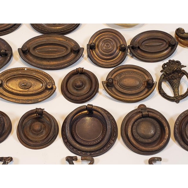 Metal Antique Decorative Brass Metal Furniture Handles and Knobs (42 Pieces) For Sale - Image 7 of 9