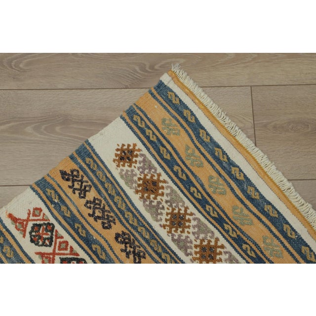 Textile 1960s Ethnic Design Ikat Tribal Yellow Striped Kilim Rug For Sale - Image 7 of 13