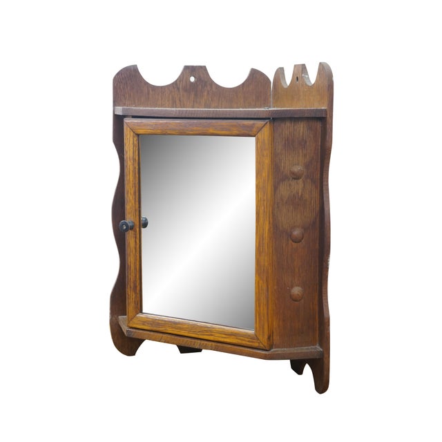 Farmhouse Antique Quartersawn Oak Mirrored Corner Medicine Cabinet Cupboard 20" For Sale - Image 3 of 17
