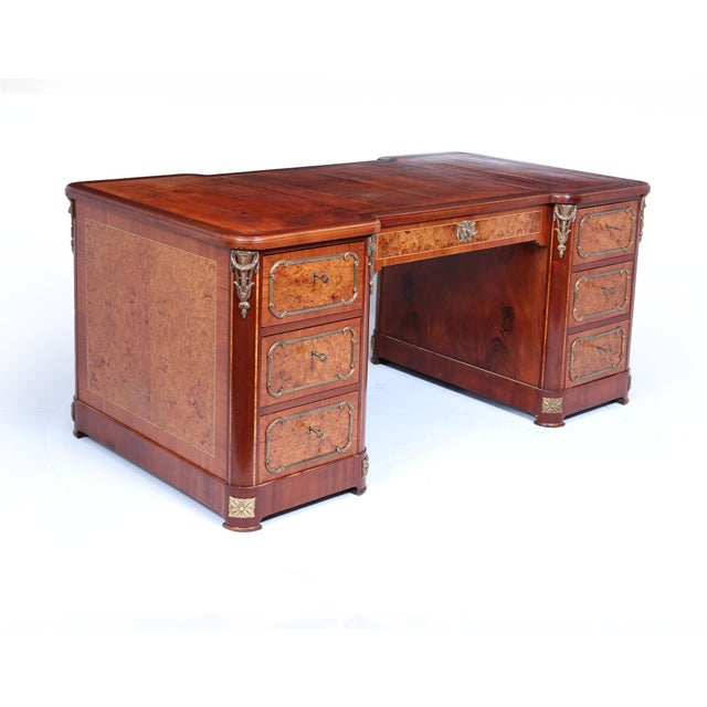 French Burr Walnut Pedestal Desk with Gilt Bronze Ormolu Mounts, 1880s For Sale - Image 4 of 18