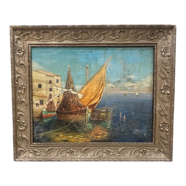 French Oil on Canvas Harbor Scene For Sale