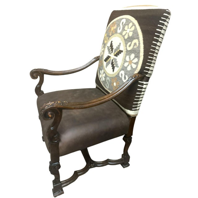 Antique Hacienda Chair Upholstered With Vintage Zapotec Tapestry From Oaxaca and New Leather For Sale In Saint Louis - Image 6 of 9