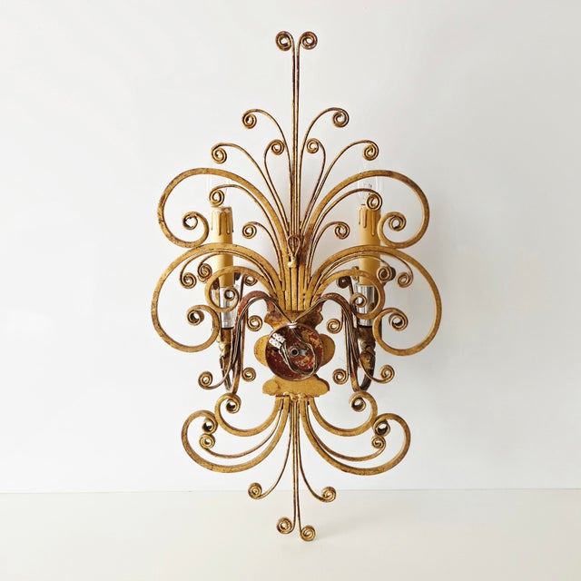 1950s Two-Armed Wall Lamp in Iron and Crystal Glass in the style of Maison Baguès, France, 1950s For Sale - Image 5 of 15