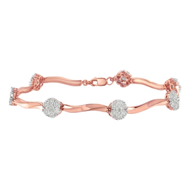 .925 10k Rose Gold Over Sterling Silver 1.0 cttw Diamond Floral Link Bracelet (I-J Color,I3 Clarity) For Sale
