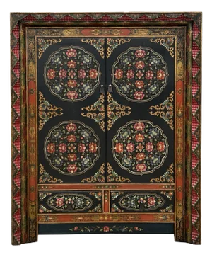 Tibetan Style Lotus Geometric Graphic Carving Edge Storage Cabinet