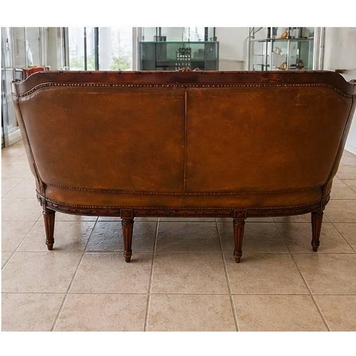 French Vintage Leather Sofa – Carved Wood Frame (French / Antique Style) For Sale - Image 3 of 4
