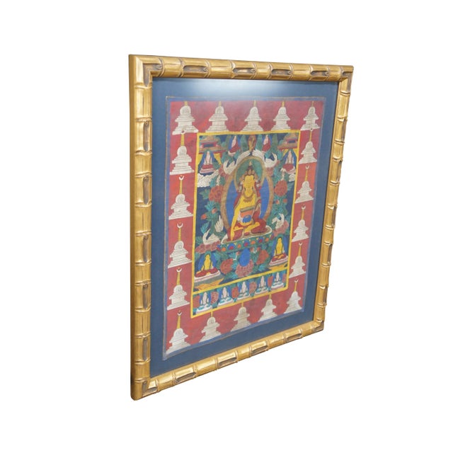 Chinese Vintage Tibetan Buddha Thangka Painting Swans Flowers Figures Faux Bamboo Frame For Sale - Image 3 of 10