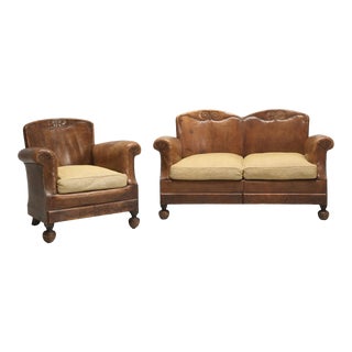 French Art Deco Leather Settee and Matching Club Chair For Sale