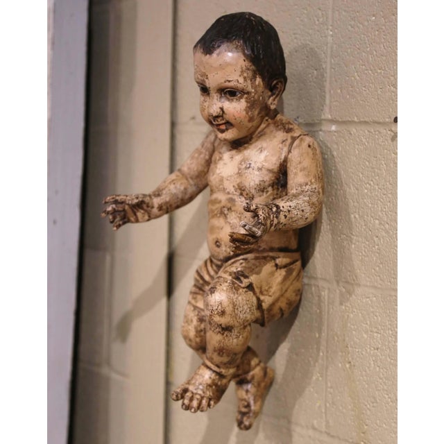 18th Century Italian Carved Polychrome Baby Jesus Figure With Glass Eyes For Sale In Dallas - Image 6 of 11
