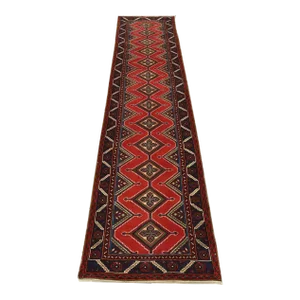 Hamedan Runner 3'3'' X 13'3'' Red Wool Vintage Tribal Hand-Knotted Oriental Rug