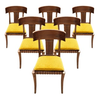 1980s Vintage Klismos Style Solid Walnut Dining Chairs - Set of 6 For Sale