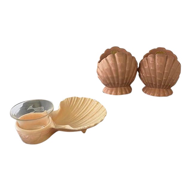 Mid 20th Century Palm Beach-Style Karoff Set of 6 Sea Servers and 2 Abingdon Clam Shell Candlestick Holders For Sale