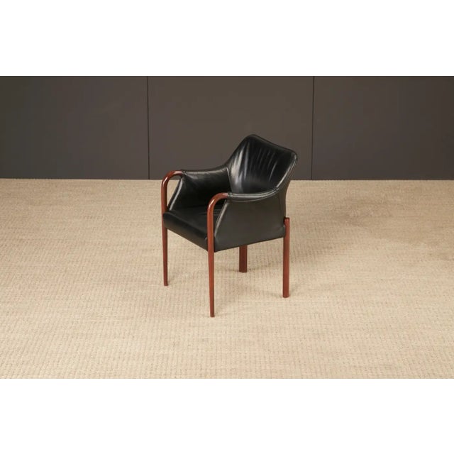 1980s Set of Six Black Leather Dining Armchairs W Cassina Label, C 1980s, Refinished For Sale - Image 5 of 16