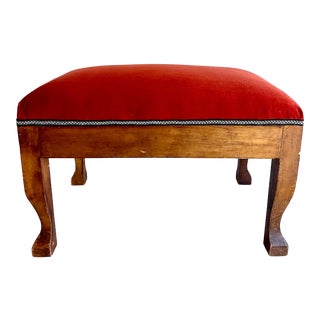 Vintage Wooden Footstool With Rust Velvet Upholstery For Sale
