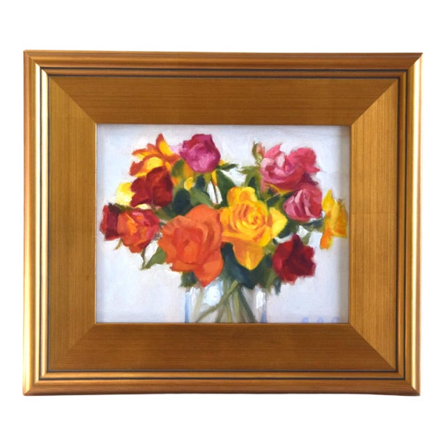 Colorful Bouquet of Flowers Roses Oil Painting Including the Antiqued Gold Wood Frame For Sale