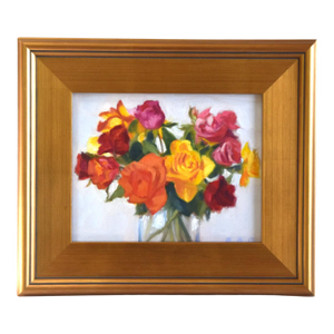 Colorful Bouquet of Flowers Roses Oil Painting Including the Antiqued Gold Wood Frame