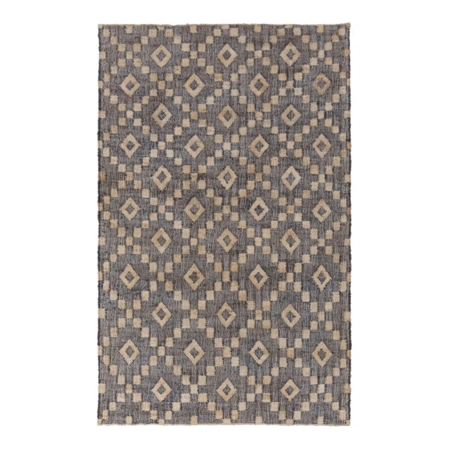 5x8Ft. Natural Jute Gold Grey Diamond Design Boho Style Rug, Moroccan Nordic Scandinavian For Sale