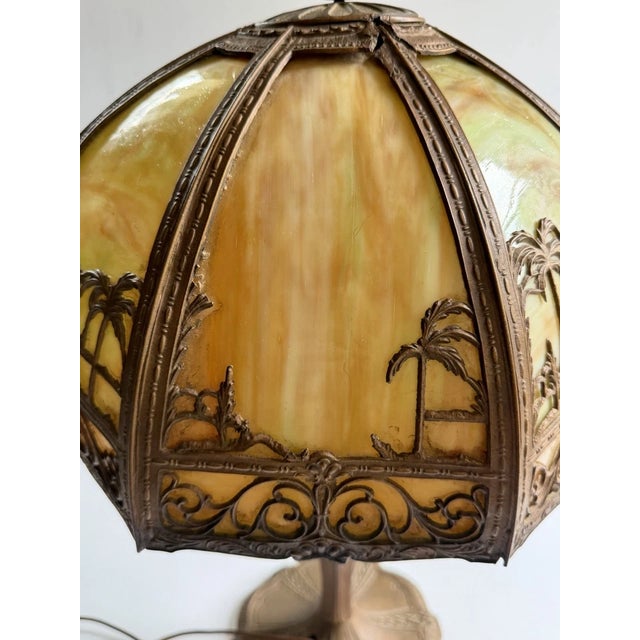 Antique Art Nouveau 8 Panel Slag Glass Lamp With Desert Scene Palm Trees, for Repair For Sale - Image 14 of 18