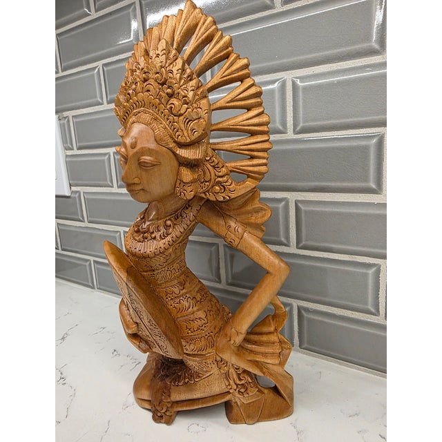 Mid-Century Balinese Art Deco Seated Janger Dancer With Fan Sculpture For Sale - Image 9 of 10