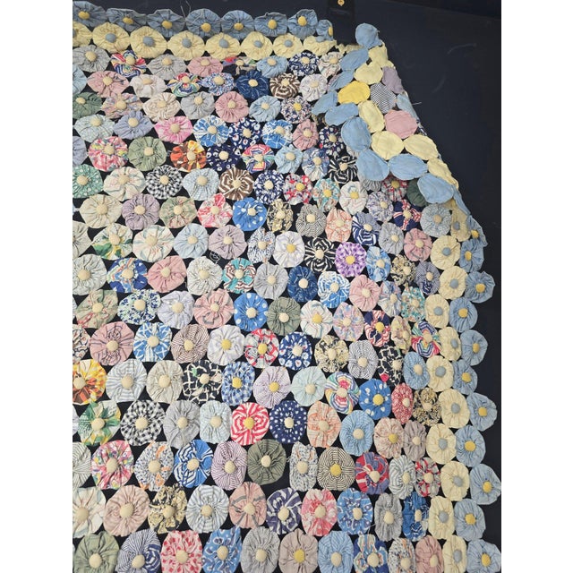 Antique American Folk Art Dimensional Padded Button Center Yo-Yo Quilt With Geometric Diamond Pattern For Sale - Image 10 of 12