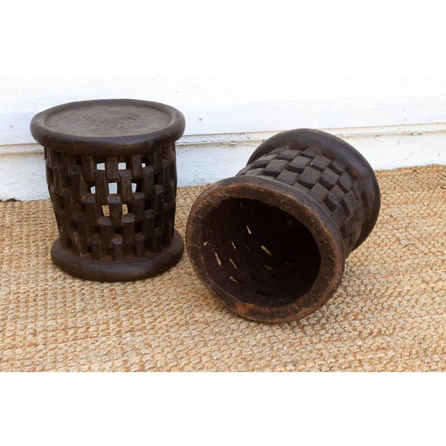 1960s Set of 2, Bamileke Carved Geometric Lattice End Tables For Sale - Image 5 of 7