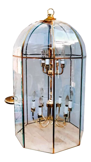 Large Octagonal Bent Beveled Glass and Brass Lantern Style Pendant Chandelier
