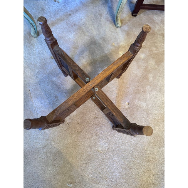Wood 1960s Small Moroccan Engraved Brass Tray With Scalloped Top on Carved Stand For Sale - Image 7 of 8