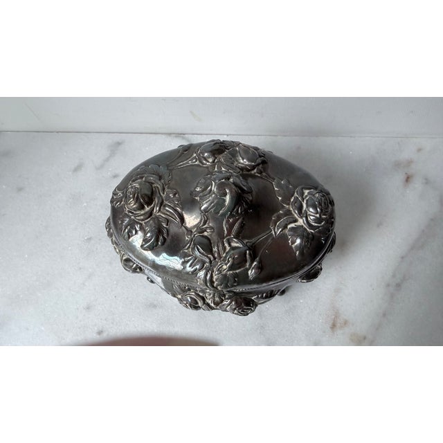 Metal Antique Ornate Silver Plated Trinket Jewelry Box For Sale - Image 7 of 11