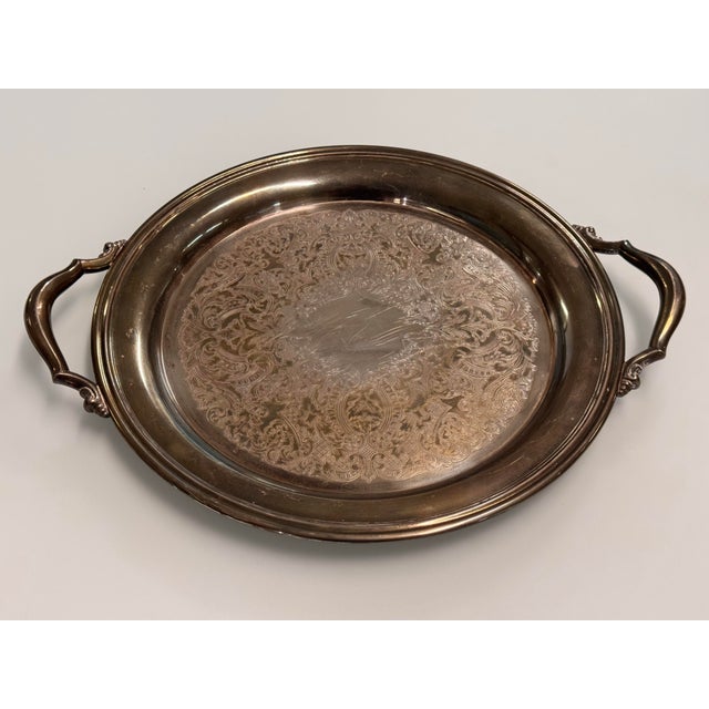 Silverplate Engraved Round Handled Tray, Vintage For Sale - Image 12 of 12