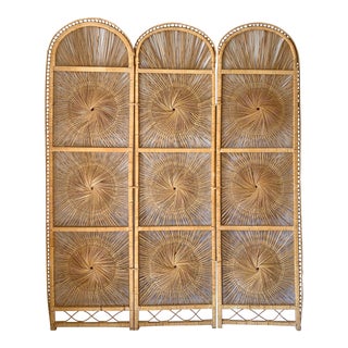 Vintage Boho Rattan Screen Room Divider For Sale