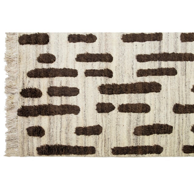 Textile 12 X 15 Organic Modern Moroccan Beige Wool Rug With Brown Geometric Pattern For Sale - Image 7 of 11