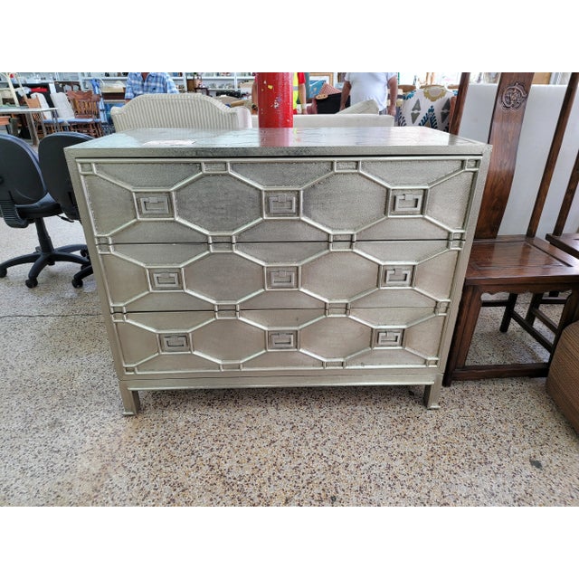 Global Views Chinese Chippendale Trellis Pattern 3 Drawer Chest of Drawers previously owned and used showing minor wear...