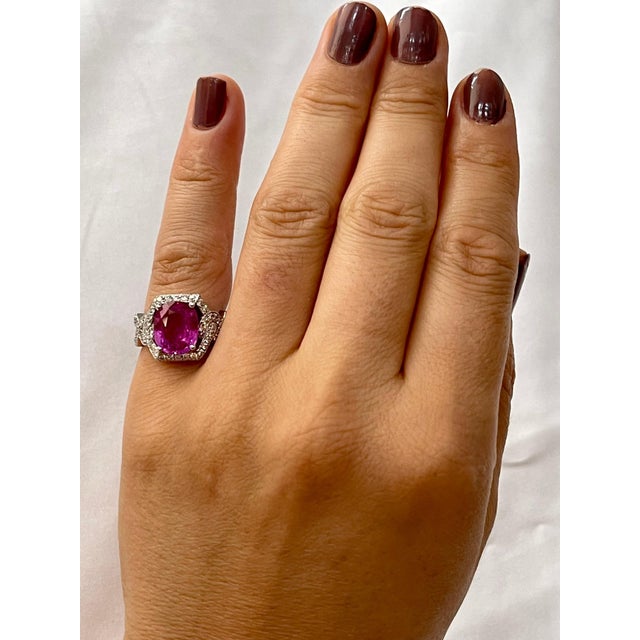 Metal Gia 4.76 Ct Pink Cushion Sapphire & 1.2 Ct Diamond 18 Kt White Gold Ring, Estate For Sale - Image 7 of 8
