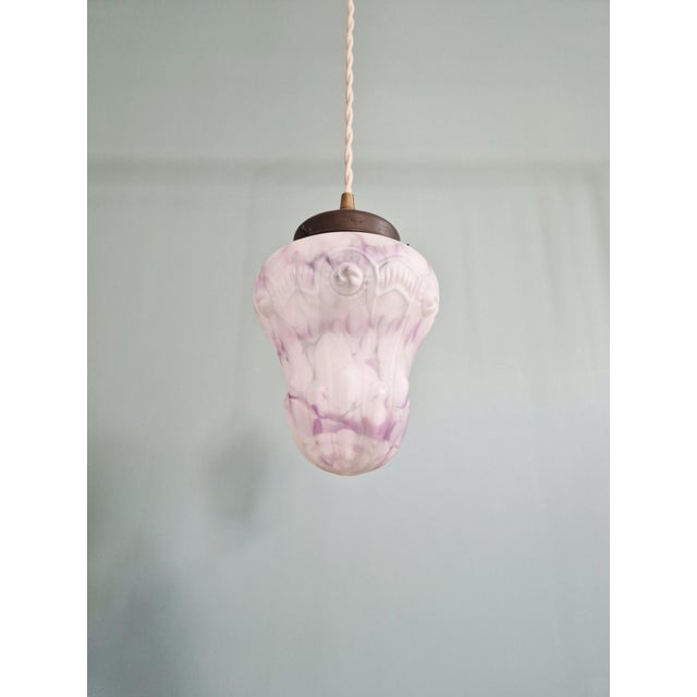 Metal Art Deco Pendant Light in Speckled White and Purple Glass, 1920s For Sale - Image 7 of 12