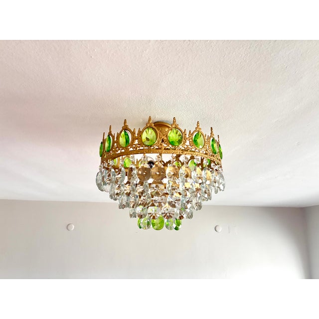 Vintage Emerald Green & Clear Crystal Crown Flush Mount Chandelier – 3 Light For Sale - Image 4 of 17