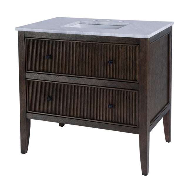Bristol 36 in. W Marble and Wood 1 Drawer Ribbed Bathroom Vanity, Dark Roast Coffee Wire Brushed For Sale - Image 9 of 9